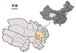 Xinghai County (red) within Hainan Prefecture (yellow) and Qinghai