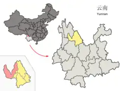 Location of Yulong County (pink) and Lijiang City (yellow) within Yunnan