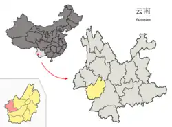 Location of Zhenkang County (pink) and Lincang City (yellow) within Yunnan