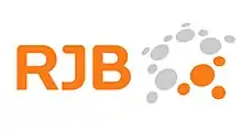 RJB in capital orange letters and a 5 point star made of varying size grey and orange circles