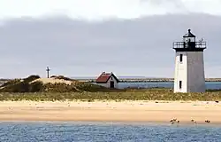 Long Point Light and remains of a Civil War artillery battery.  Also shown is the Darby cross erected by the Beachcombers club.