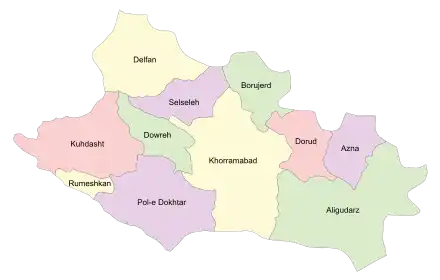 Location of Rumeshkan County in Lorestan province (left, yellow)