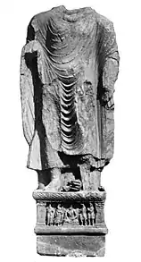 143 CEKanishka I:Buddha from Loriyan Tangai with inscription "year 318" of the Yavana era (143 CE).