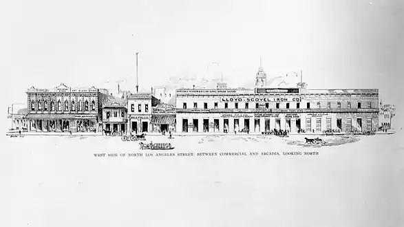 West side of Los Angeles street from Arcadia to Commercial, 1890s. Hellman Block at left, Arcadia Block at right