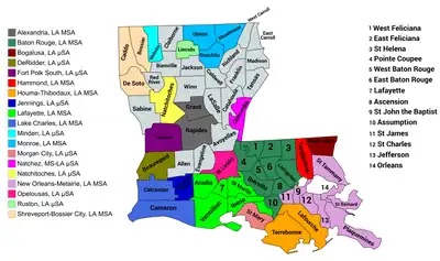 Map of the 19 core-based statistical areas in Louisiana.