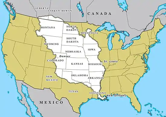 Image 25Modern map of the United States overlapped with territory bought in the Louisiana Purchase (in white) (from History of Louisiana)