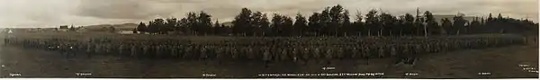 Lt.-Col. F.A. Gascoigne and officers, NCO's and men of 60th Battalion, CEF, Valcartier Camp, Aug. 26th, 1915. Signallers, companies 'A', 'B', 'C', 'D', 'E'. No. 11 (HS85-10-30759)