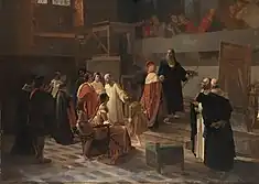 Ludovico il Moro visiting Leonardo da Vinci in the Refectory of Santa Maria delle Grazie, mid-nineteenth century, Cherubino Cornienti. Behind the blond Moro also the Duchess Beatrice and Cardinal Ascanio admire the work absorbed.