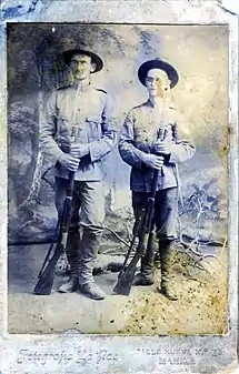 Medal of Honor recipients Edward E. Lyon on left and Marcus W. Robertson on the right in Manila, Philippines