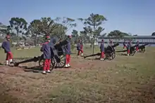 Ceremonial battery of the Brazilian Army composed by four Schneider canons during a gun salute