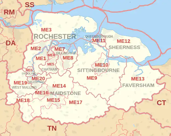 ME postcode area map, showing postcode districts, post towns and neighbouring postcode areas.