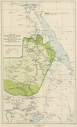 Mahdist Sudan's approximate territory in 1894 (light green) and approximate maximum limits (dark green).