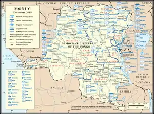 A map of the Democratic Republic of the Congo marked with military map symbols showing type, nationality and location of MONUC units.