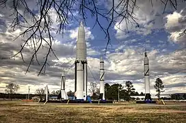 PGM-19 Jupiter directly in front of a Saturn I, Marshall Space Flight Center