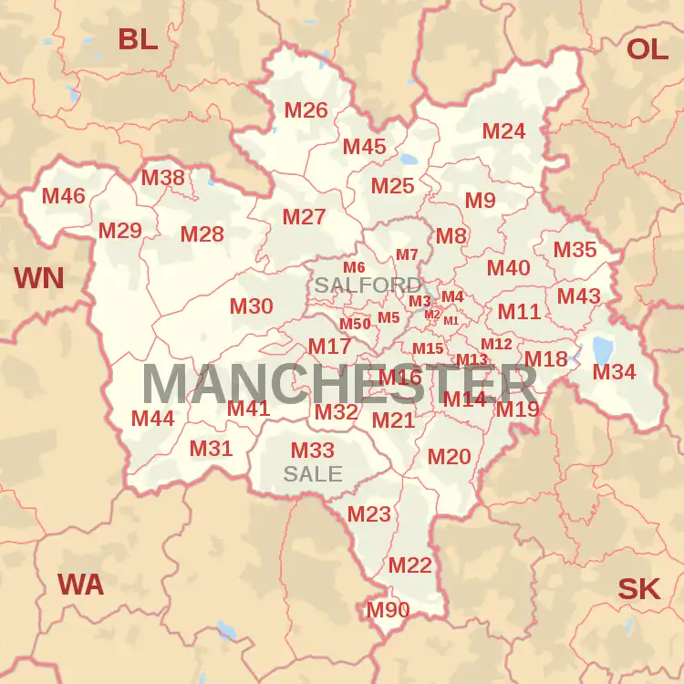 M postcode area map, showing postcode districts, post towns and neighbouring postcode areas.