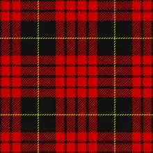 A tartan pattern with a red background, thick black stripes, and thin yellow stripes.