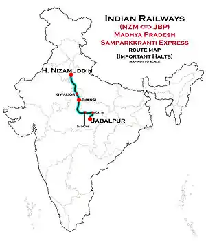 Madhya Pradesh Samparkkranti Express (NZM–JBP) route map