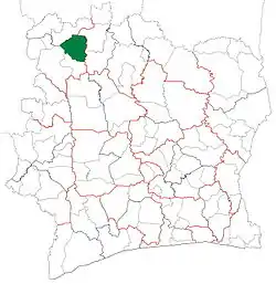 Location in Ivory Coast. Madinani Department has retained the same boundaries since its creation in 2005.