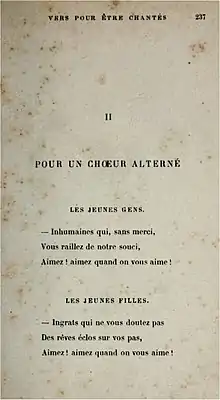 old and discoloured page of printed volume of French verse