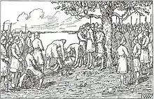 Black-and-white drawing of Egil hanged by the neck in a tree, surrounded by crowds of men