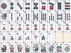 America style. Numbers or letters are marked in a different position than Europe style. Joker tiles are present. "Plum blossom, Orchid, Chrysanthemum, Bamboo" are replaced by "福 Fortune; 禄 Prosperity, 寿 Longevity, 貴 Nobility".