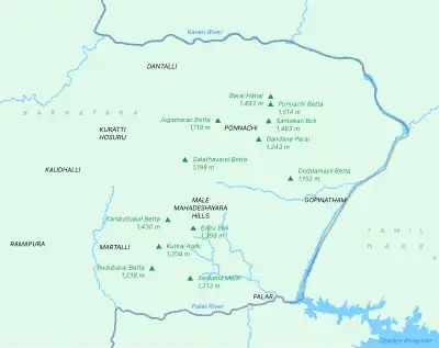 A map of the Male Mahadeshwara Hills region with major villages, rivers and peaks marked.