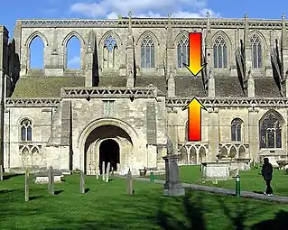 Malmesbury Abbey, showing the location of the triforium. It lies between the lower (aisle) windows and the upper (clerestory) windows, as arrowed. It is shallow, as it is inside the roofspace of the side aisles.