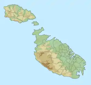 Map of the Maltese archipelago. A red dot placed next to Comino, between Malta and Gozo, shows the area of the Gozo Channel.