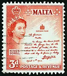 Depicting King George VI's handwritten letter through which he awarded the George Cross to Malta