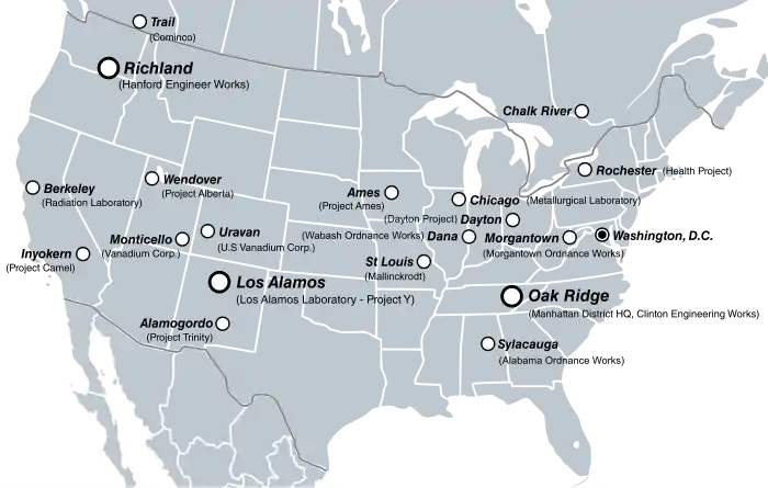 Map of the United States and southern Canada with major project sites marked