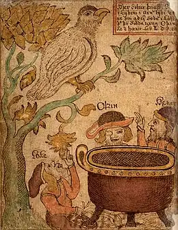 Three gods trying to boil some food as related in the Haustlöng.