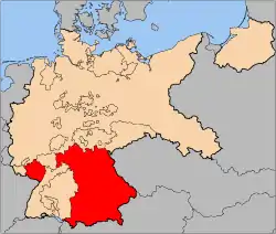 Territory claimed by the Bavarian Soviet Republic (in red) shown with the rest of the Weimar Republic (in beige)