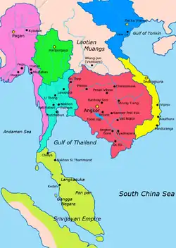 Map of Mainland Southeast Asia circa 1000 - 1100 CE 
Blue: Lavo KingdomRed: Khmer EmpireGreen: Hariphunchai KingdomLight green: SrivijayaYellow: ChampaBlue: Dai VietPink: Bagan Kingdom