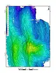 A top-down bathymetry profile over Mount Dent from the 2011 RV Okeanos Explorer cruise.