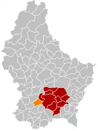 Map of Luxembourg with Bertrange highlighted in orange, and the canton in dark red