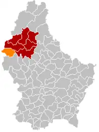 Map of Luxembourg with Boulaide highlighted in orange, and the canton in dark red