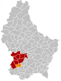 Map of Luxembourg with Dippach highlighted in orange, and the canton in dark red