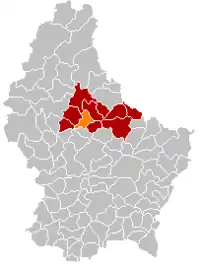 Map of Luxembourg with Ettelbruck highlighted in orange, and the canton in dark red