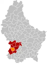 Map of Luxembourg with Garnich highlighted in orange, and the canton in dark red