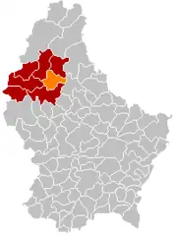 Map of Luxembourg with Goesdorf highlighted in orange, and the canton in dark red