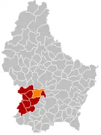 Map of Luxembourg with Kehlen highlighted in orange, and the canton in dark red