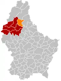 Map of Luxembourg with Kiischpelt highlighted in orange, and the canton in dark red