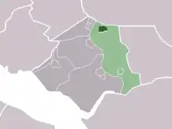 The town centre (darkgreen) and the statistical district (lightgreen) of Geervliet in the former municipality of Bernisse.