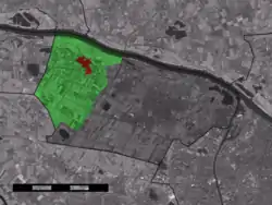 The village centre (red) and the statistical district (light green) of Winssen in the municipality of Beuningen.