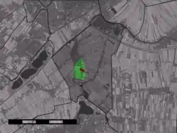 The town centre (red) and the statistical district (light green) of Zuidbuurt in the municipality of Zoeterwoude.