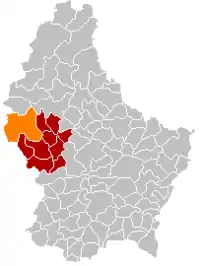 Map of Luxembourg with Rambrouch highlighted in orange, and the canton in dark red