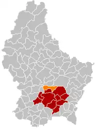 Map of Luxembourg with Steinsel highlighted in orange, and the canton in dark red