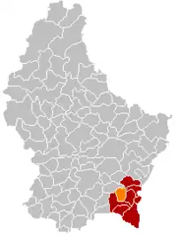 Map of Luxembourg with Waldbredimus highlighted in orange, and the canton in dark red