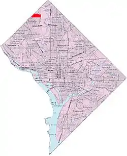 Map of Washington, D.C., with Barnaby Woods highlighted in red