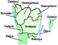 Götaland with the Swedish acquisitions of 1645 and 1658 in darker green: Gotland, Blekinge, Halland and Skåne from Denmark, and Bohuslän from Norway (then under Danish rule)